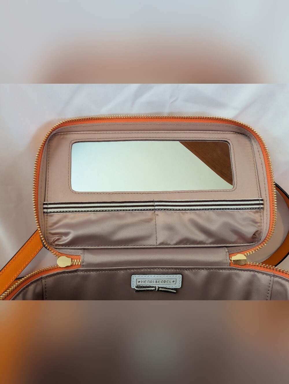 Henri Bendel Orange and Taupe Cosmetic Organizer with Striped Elastic - Picture 5 of 7